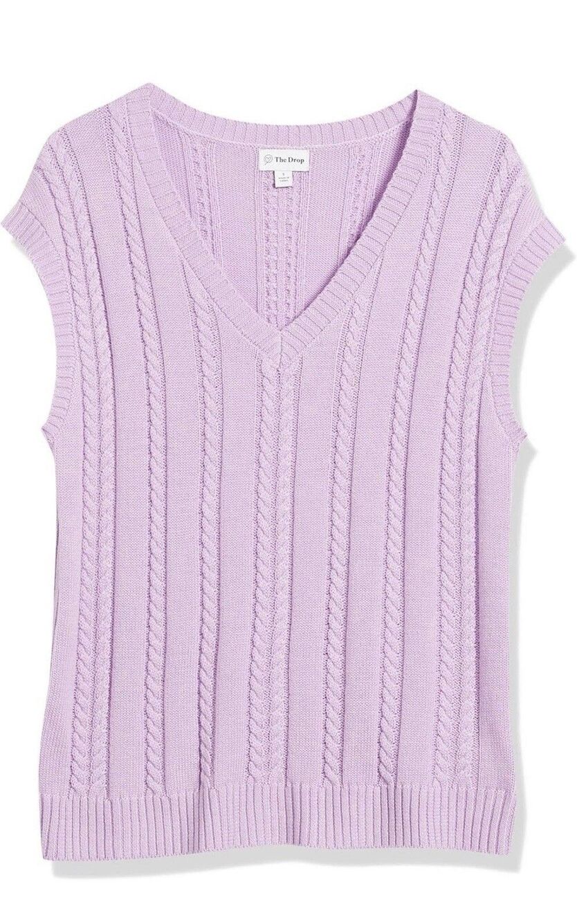The Drop Women's Frankie Loose Fit V-neck Cable Vest Light Purple Size XL NWT